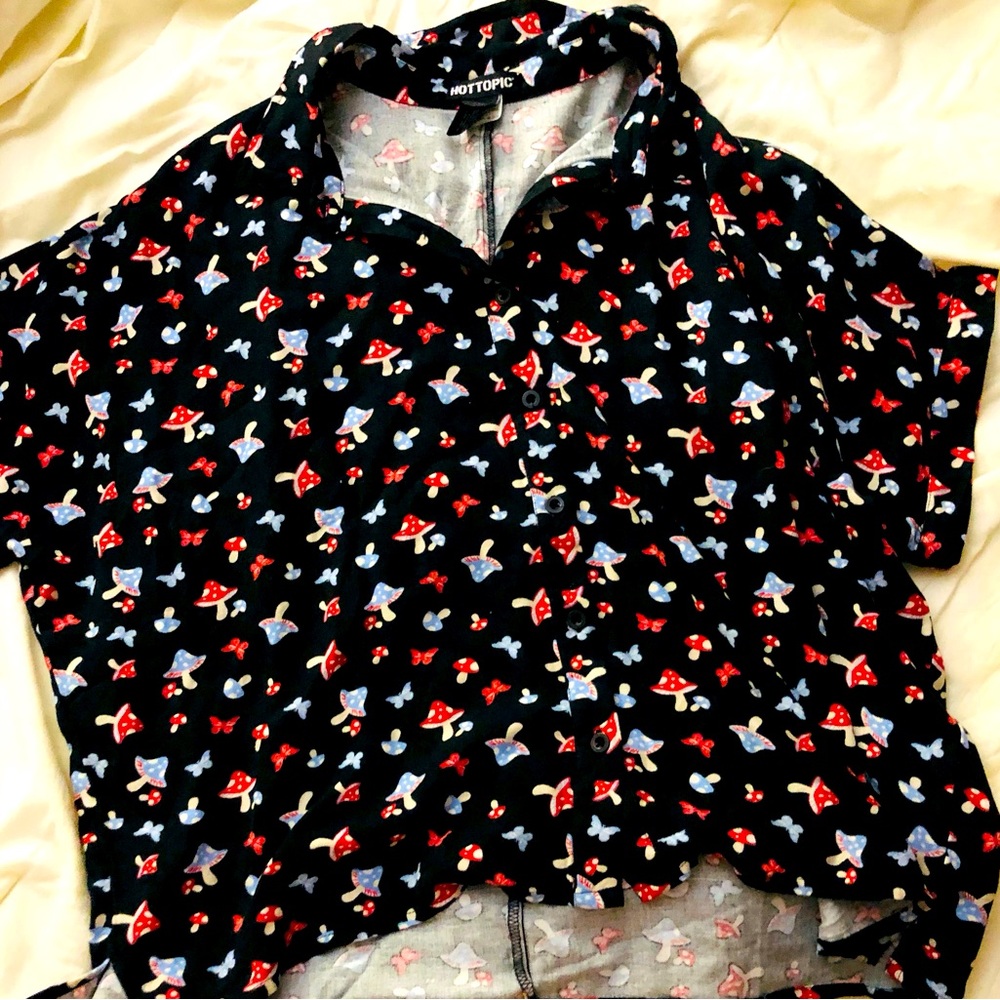 Short sleeved mushroom pattern button down oversized shirt from Hot Topic.